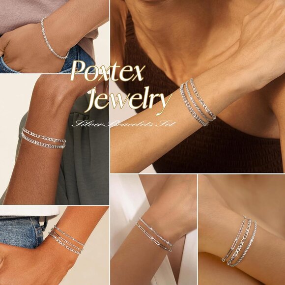 Silver-04 Dainty Stack Cuban Beaded Paperclip Bracelets Jewelry Gifts for Women - Picture 5 of 7